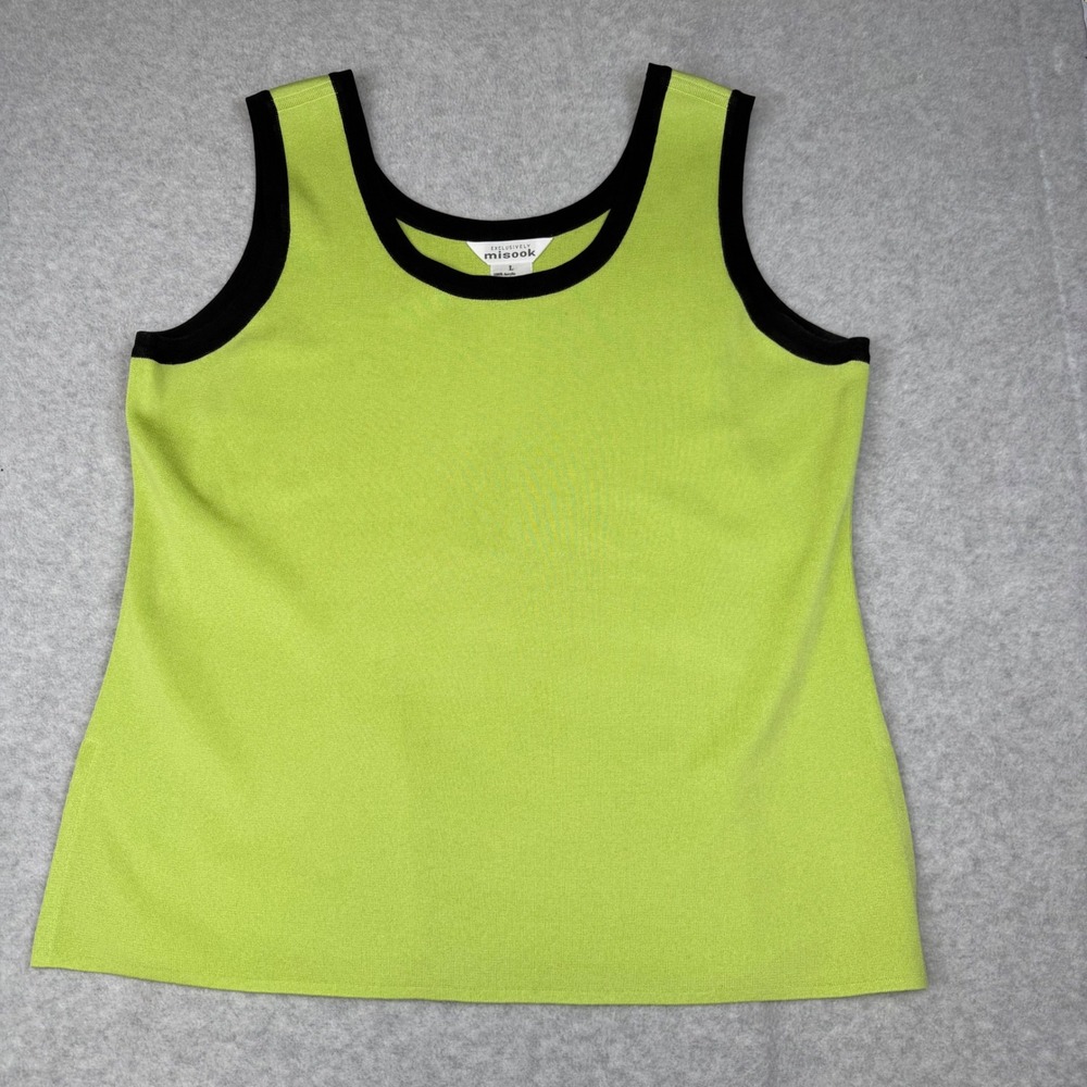 Misook Knit Tank Top Lime Green Black Trim Scoop Neck Shell Minimalist L - Picture 6 of 7
